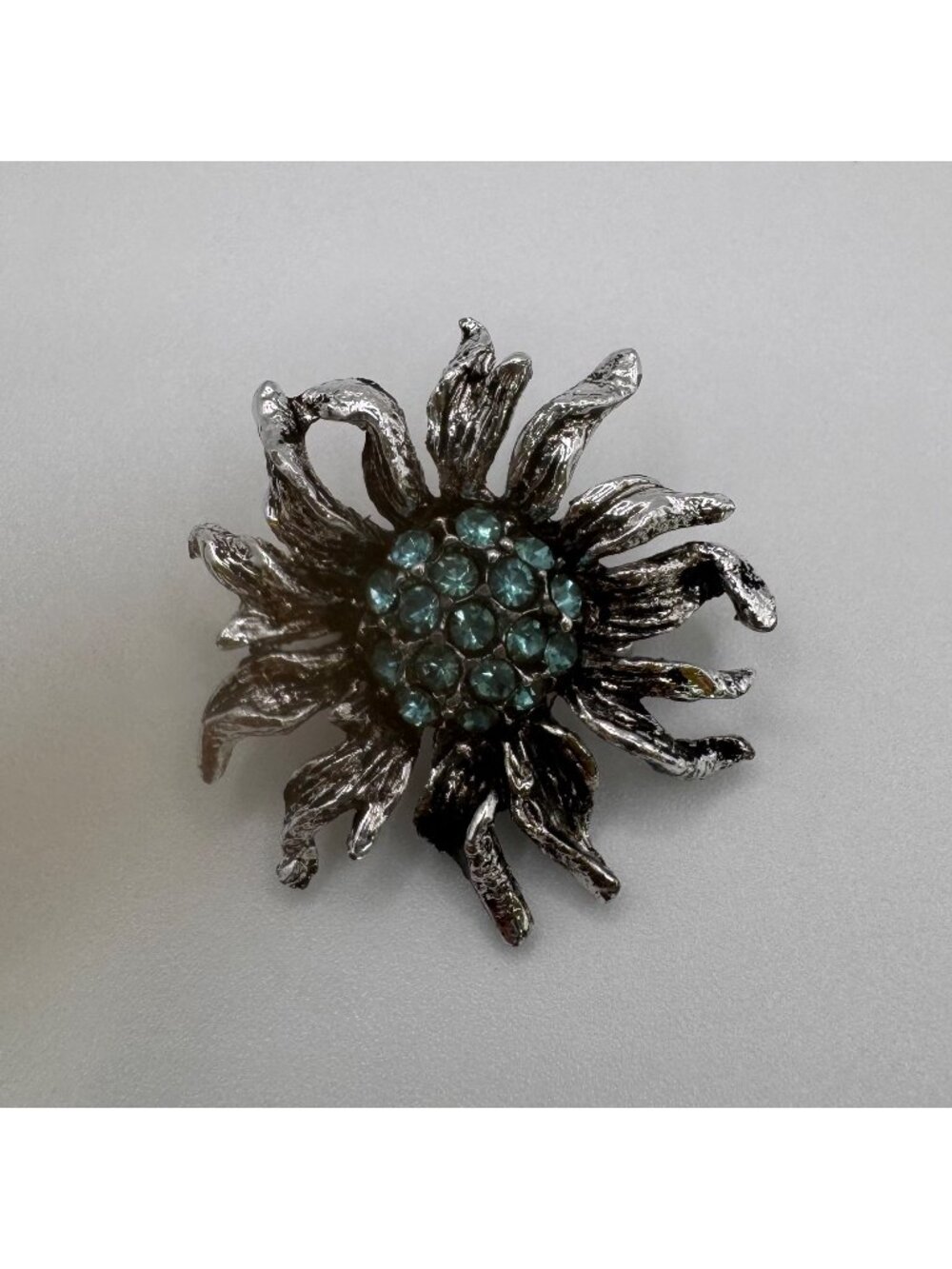 Vintage Sunflower Brooch Blue Rhinestone Silver Tone Abstract Pin Floral